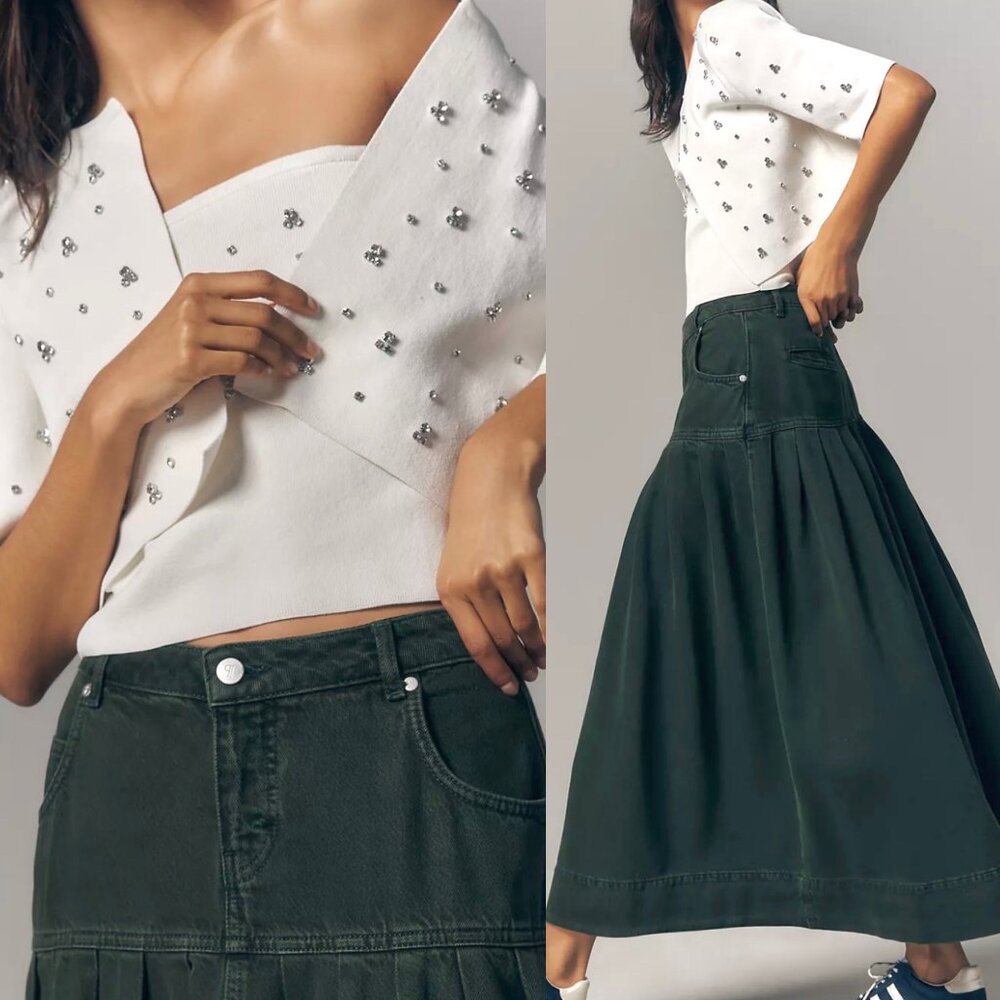 NWT Anthropologie Pilcro Pleated Basque-Waist Olive Green Denim Midi Skirt Sz 16 - Picture 10 of 14